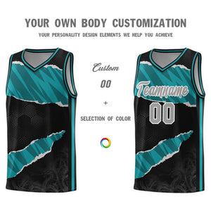 Custom Black Aqua-Black Tear Graffiti Pattern Sports Uniform Basketball Jersey