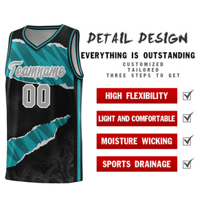 Custom Black Aqua-Black Tear Graffiti Pattern Sports Uniform Basketball Jersey