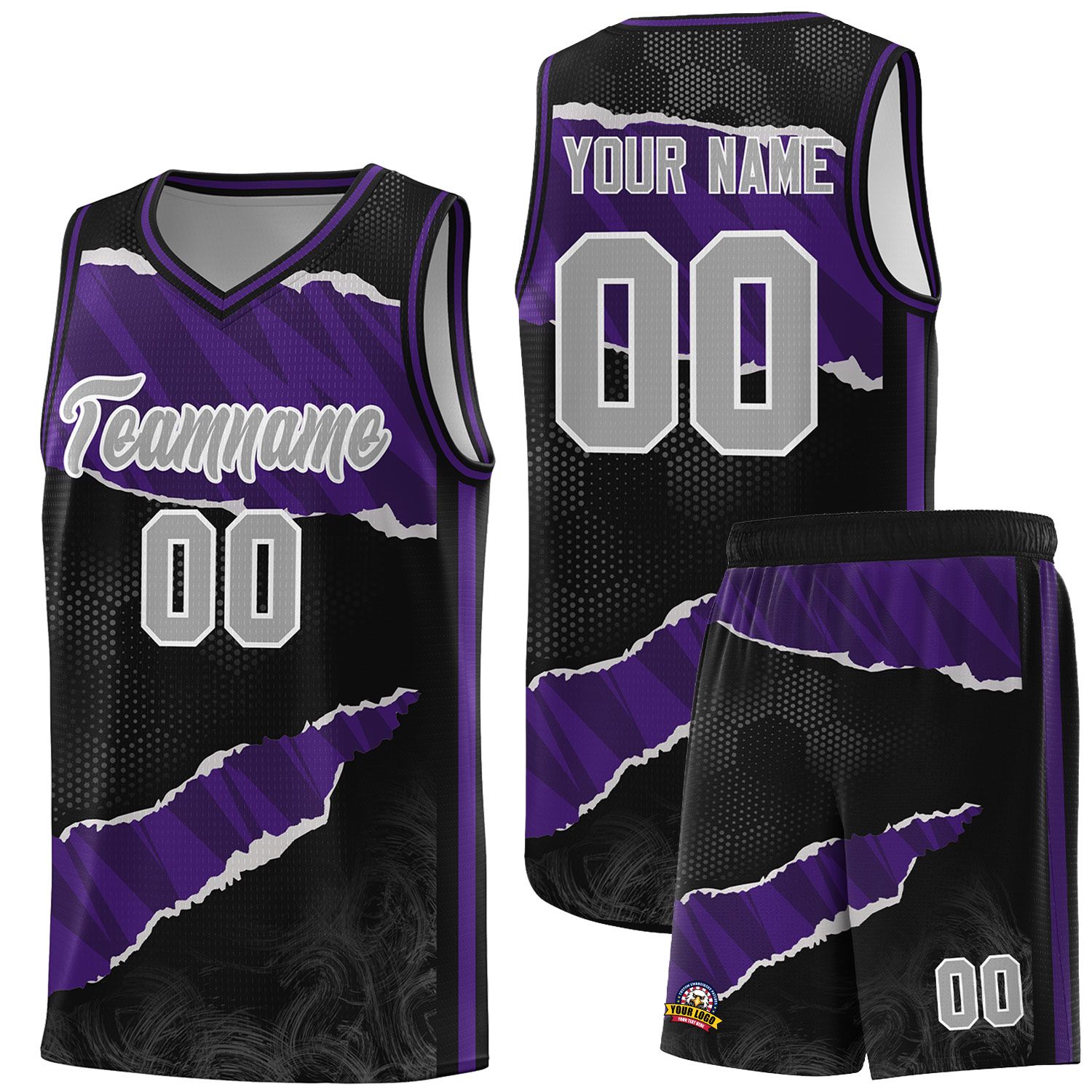 Custom Black Purple-Black Tear Graffiti Pattern Sports Uniform Basketball Jersey