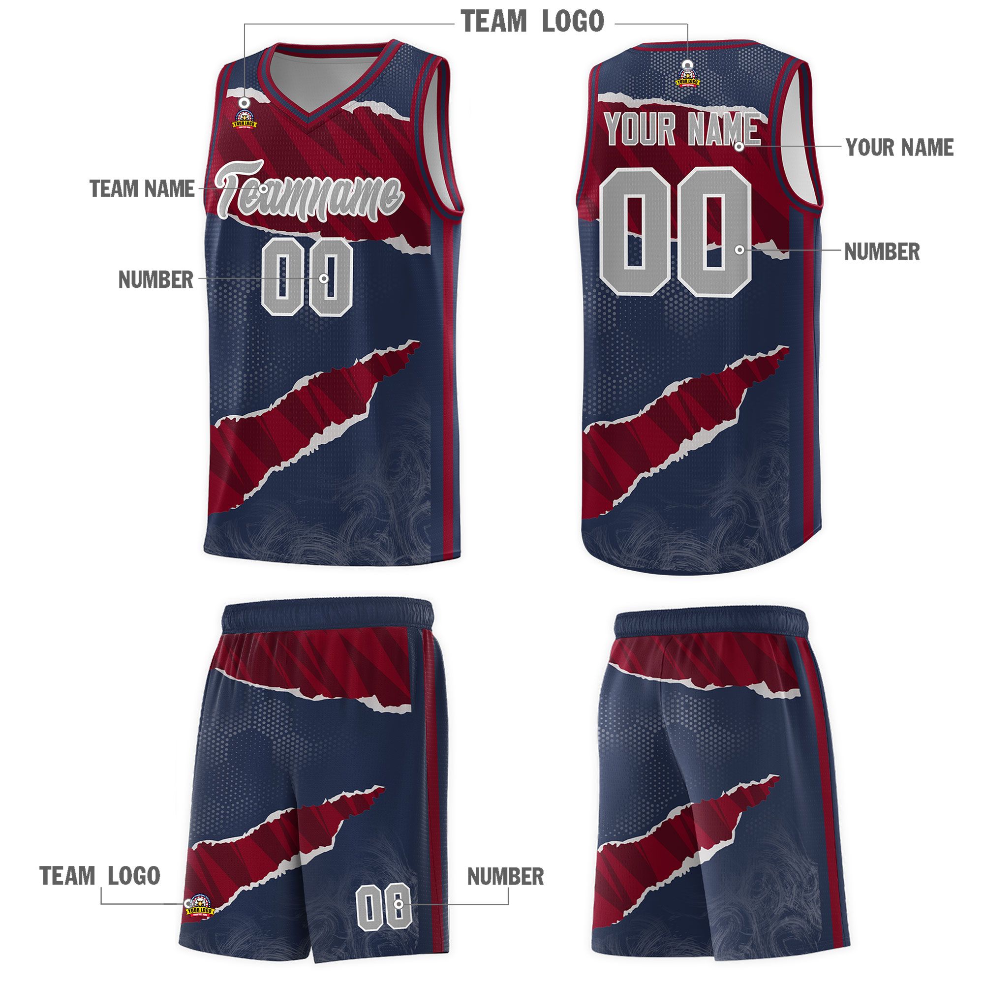 Custom Midnight Blue Crimson-Black Tear Graffiti Pattern Sports Uniform Basketball Jersey