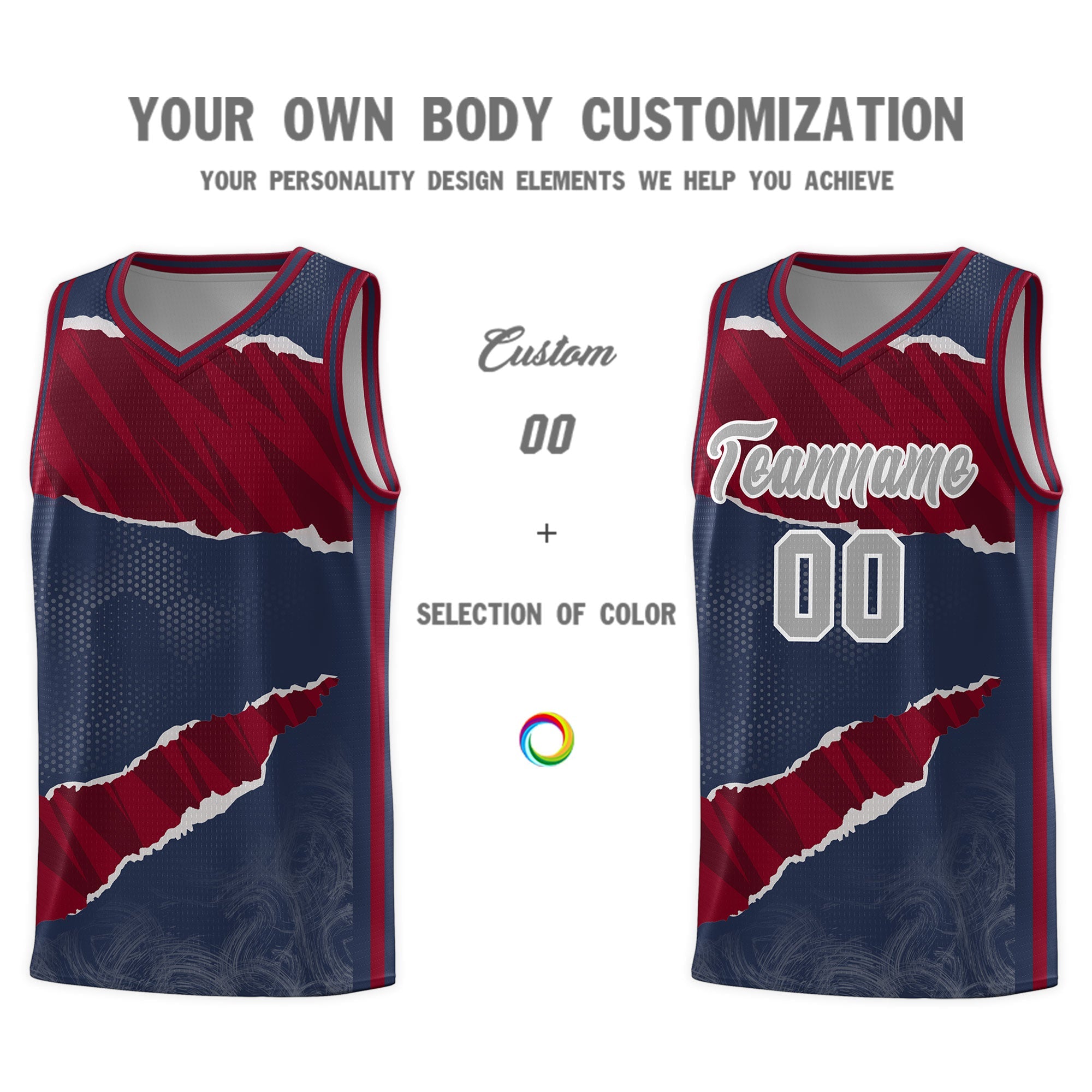 Custom Midnight Blue Crimson-Black Tear Graffiti Pattern Sports Uniform Basketball Jersey