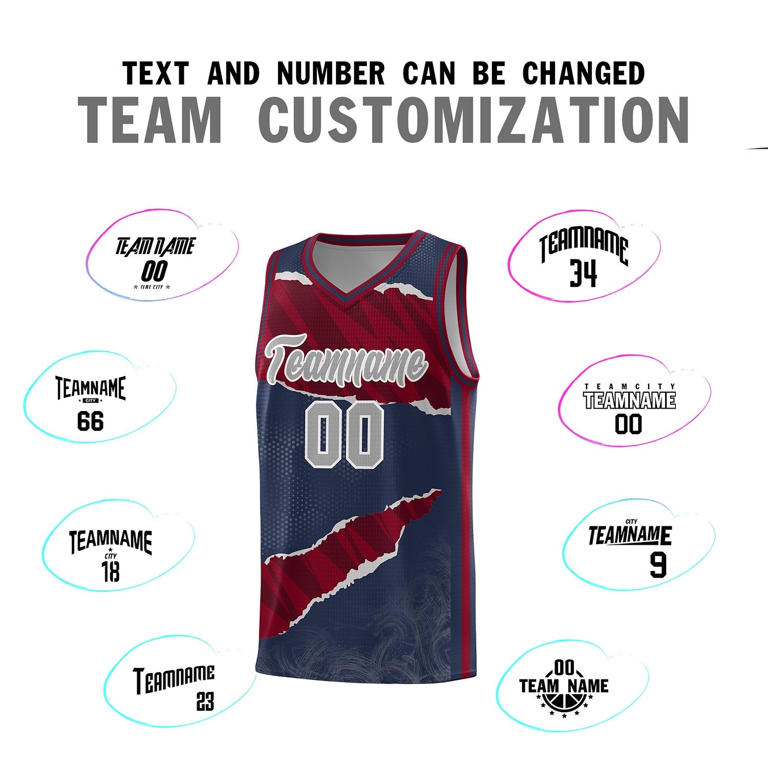 Custom Midnight Blue Crimson-Black Tear Graffiti Pattern Sports Uniform Basketball Jersey