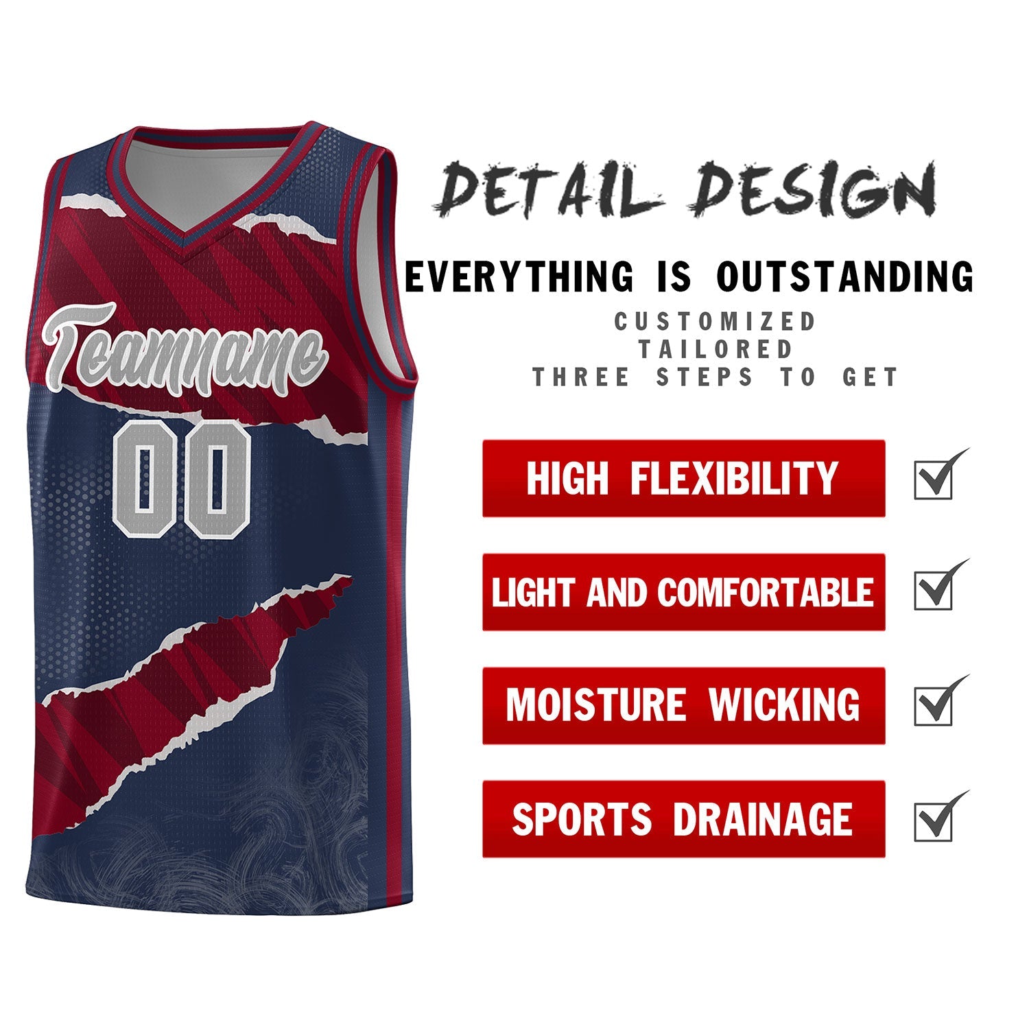 Custom Midnight Blue Crimson-Black Tear Graffiti Pattern Sports Uniform Basketball Jersey