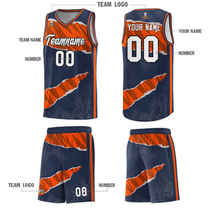 Custom Midnight Blue Orange-Black Tear Graffiti Pattern Sports Uniform Basketball Jersey