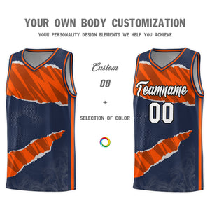 Custom Midnight Blue Orange-Black Tear Graffiti Pattern Sports Uniform Basketball Jersey