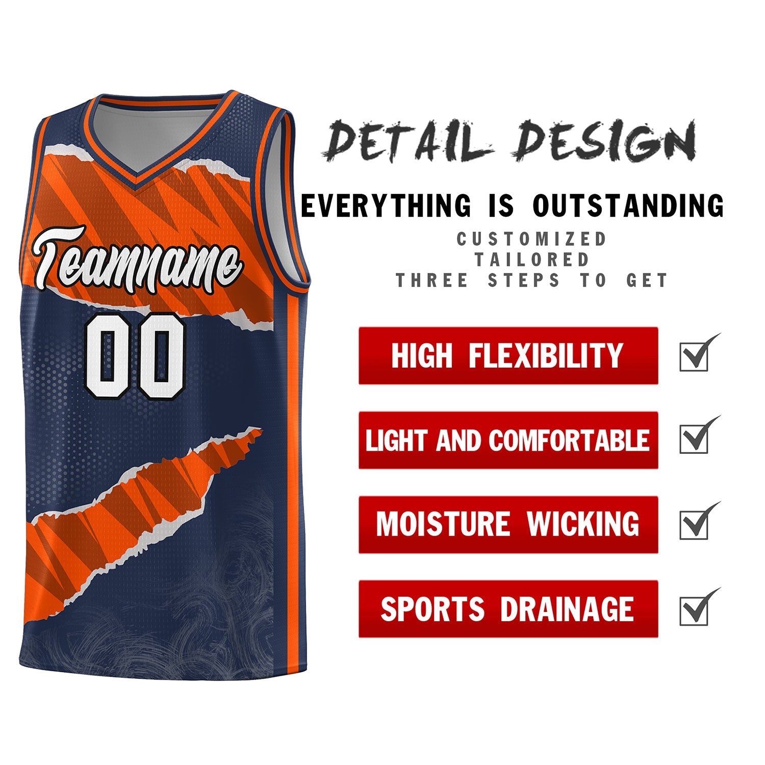 Custom Midnight Blue Orange-Black Tear Graffiti Pattern Sports Uniform Basketball Jersey