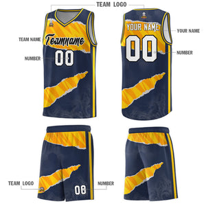 Custom Midnight Blue Gold-Orange Tear Graffiti Pattern Sports Uniform Basketball Jersey