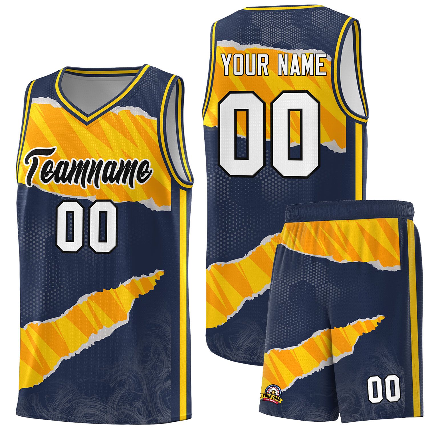 Custom Midnight Blue Gold-Orange Tear Graffiti Pattern Sports Uniform Basketball Jersey