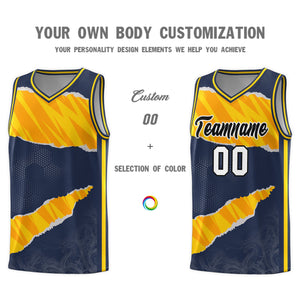 Custom Midnight Blue Gold-Orange Tear Graffiti Pattern Sports Uniform Basketball Jersey