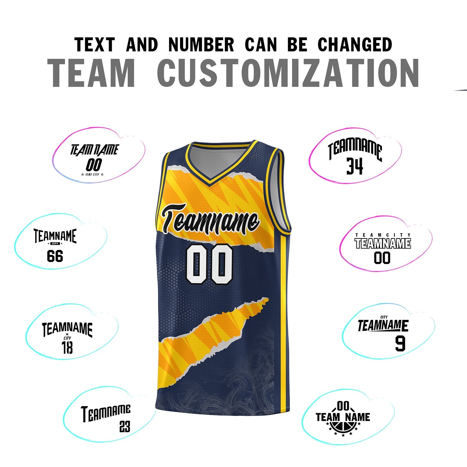 Custom Midnight Blue Gold-Orange Tear Graffiti Pattern Sports Uniform Basketball Jersey