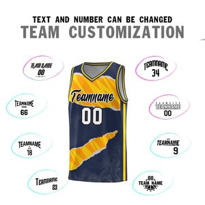 Custom Midnight Blue Gold-Orange Tear Graffiti Pattern Sports Uniform Basketball Jersey