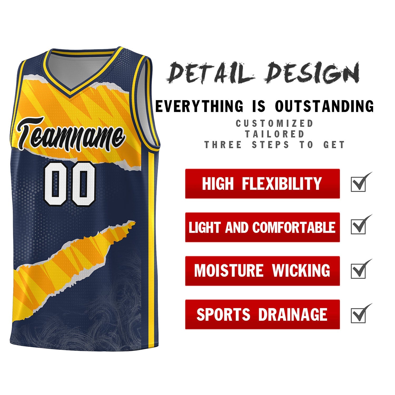 Custom Midnight Blue Gold-Orange Tear Graffiti Pattern Sports Uniform Basketball Jersey