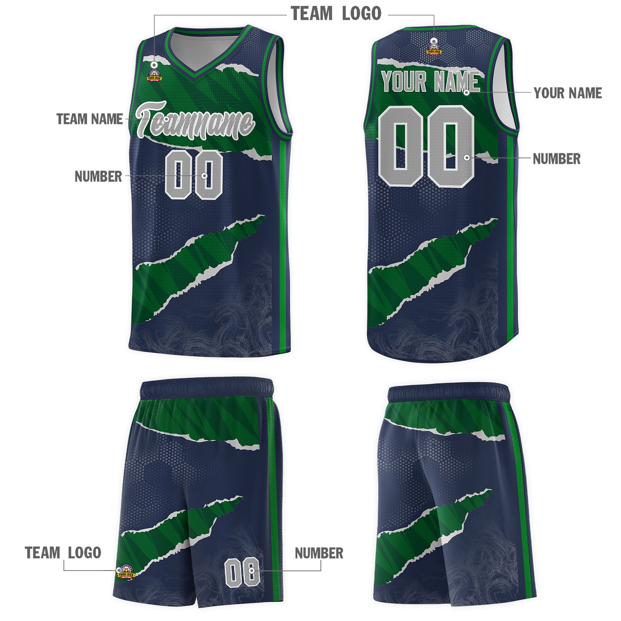 Custom Midnight Blue Kelly Green-Hunter Green Tear Graffiti Pattern Sports Uniform Basketball Jersey