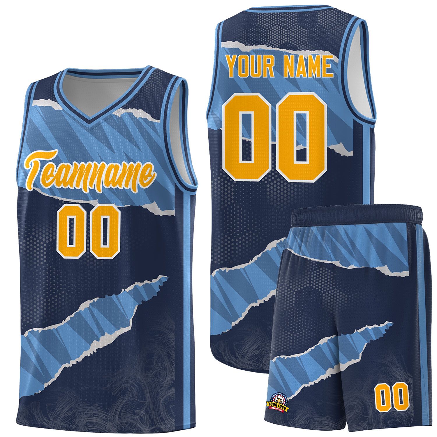 Custom Midnight Blue Light Blue-Navy Tear Graffiti Pattern Sports Uniform Basketball Jersey