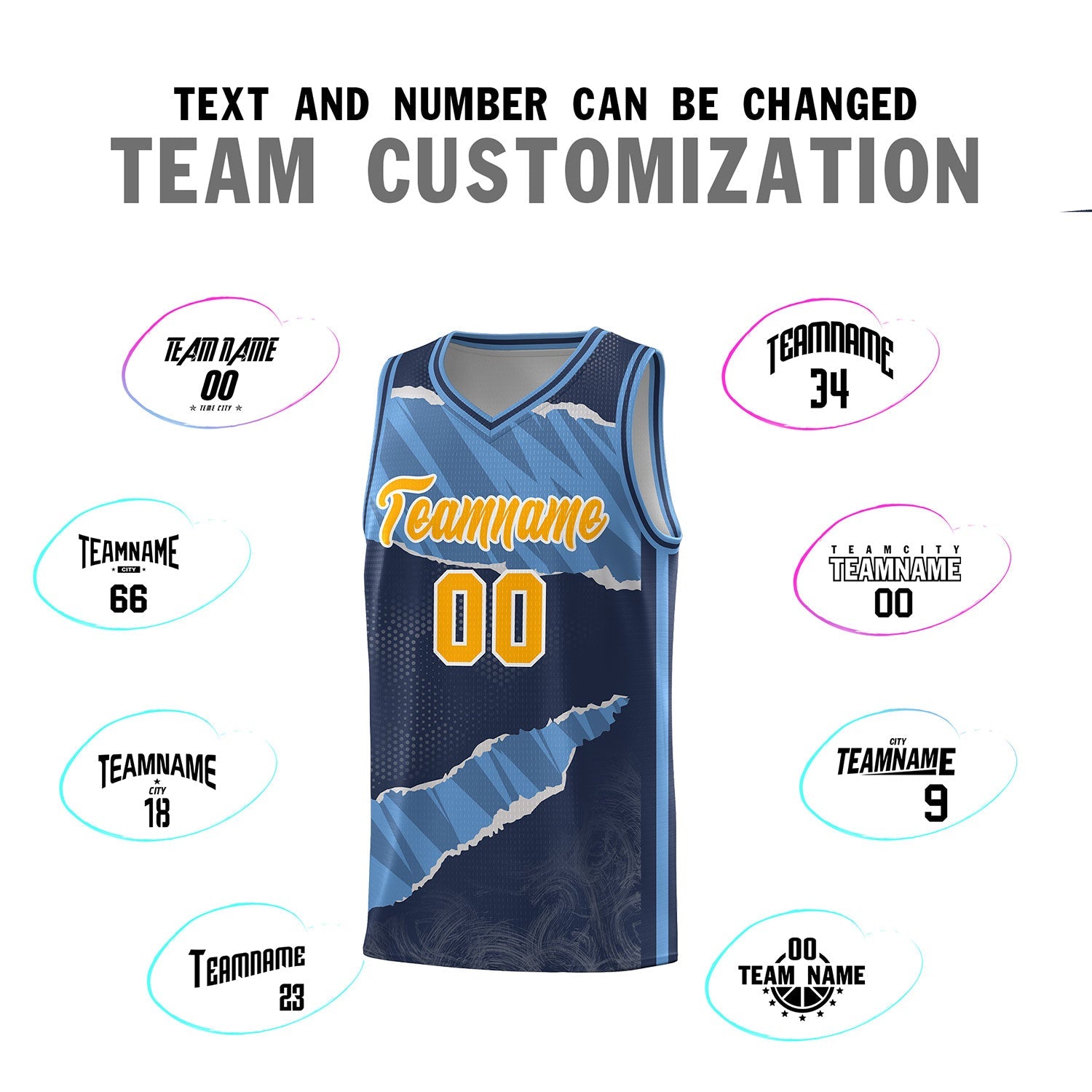 Custom Midnight Blue Light Blue-Navy Tear Graffiti Pattern Sports Uniform Basketball Jersey