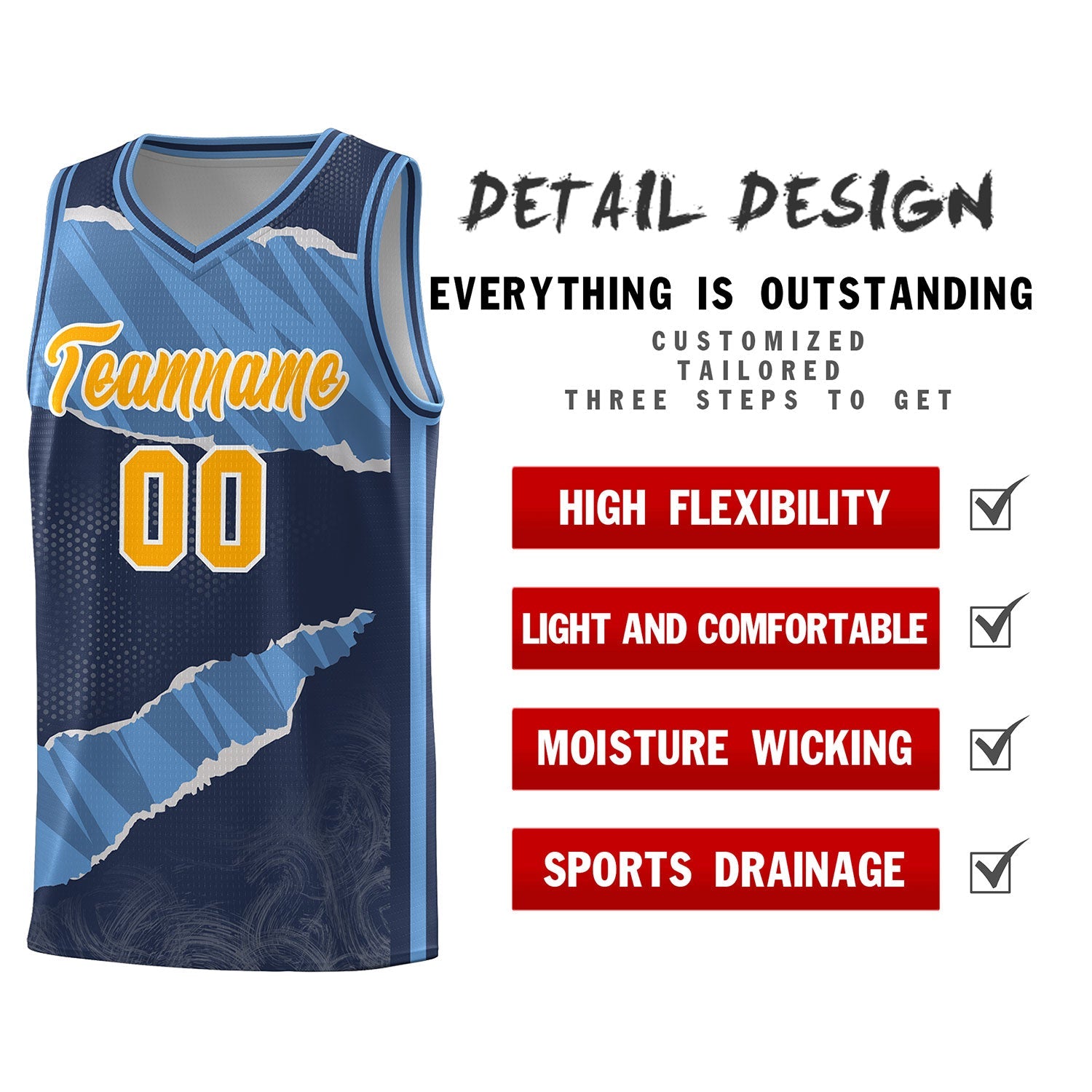 Custom Midnight Blue Light Blue-Navy Tear Graffiti Pattern Sports Uniform Basketball Jersey