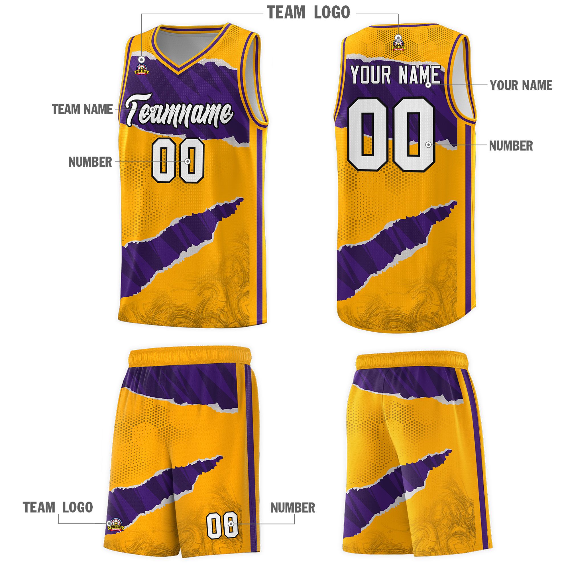 Custom Yellow Purple-Black Tear Graffiti Pattern Sports Uniform Basketball Jersey