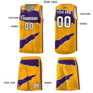 Custom Yellow Purple-Black Tear Graffiti Pattern Sports Uniform Basketball Jersey