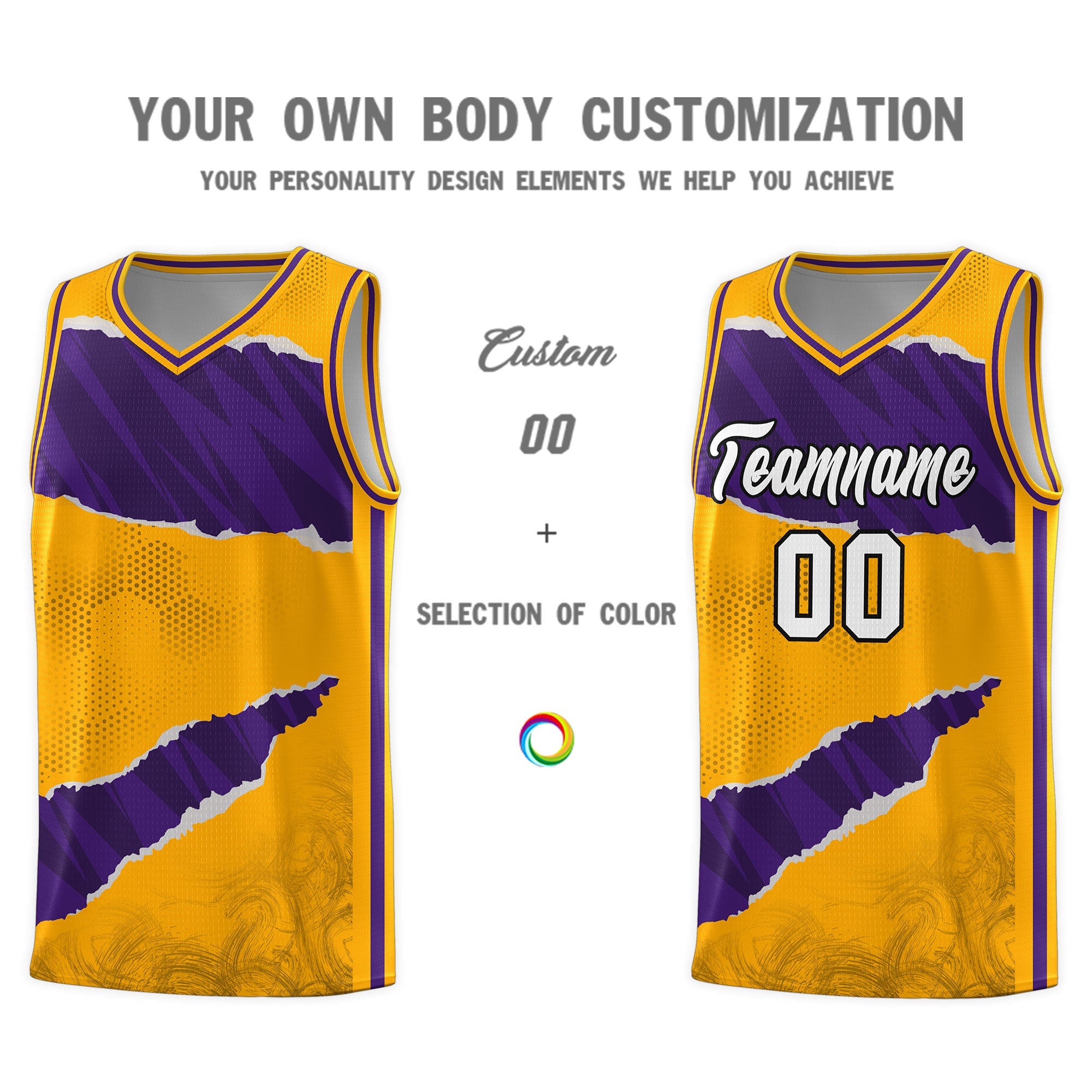 Custom Yellow Purple-Black Tear Graffiti Pattern Sports Uniform Basketball Jersey