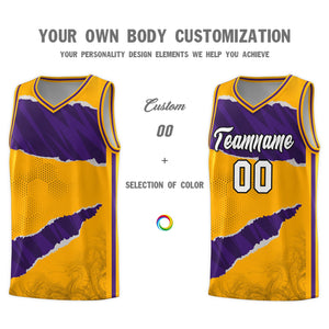 Custom Yellow Purple-Black Tear Graffiti Pattern Sports Uniform Basketball Jersey