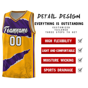 Custom Yellow Purple-Black Tear Graffiti Pattern Sports Uniform Basketball Jersey