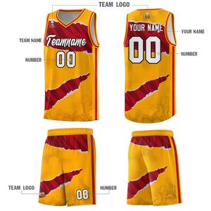 Custom Yellow Red-Black Tear Graffiti Pattern Sports Uniform Basketball Jersey