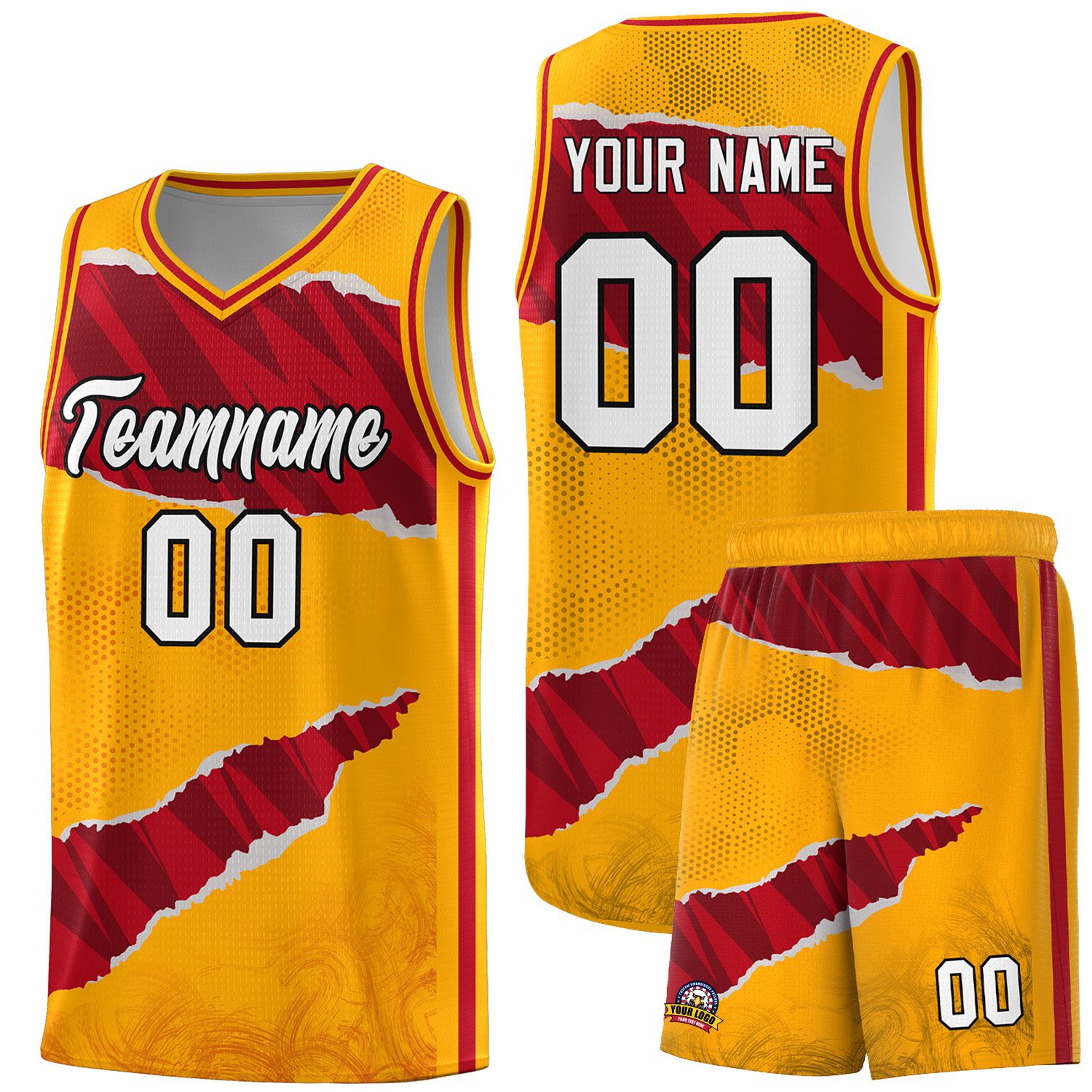 Custom Yellow Red-Black Tear Graffiti Pattern Sports Uniform Basketball Jersey