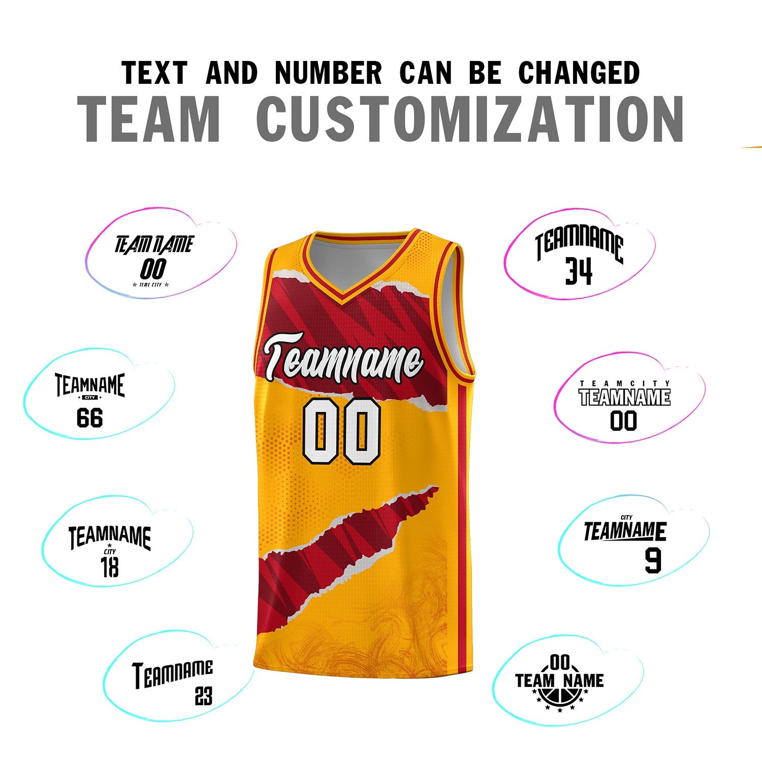 Custom Yellow Red-Black Tear Graffiti Pattern Sports Uniform Basketball Jersey