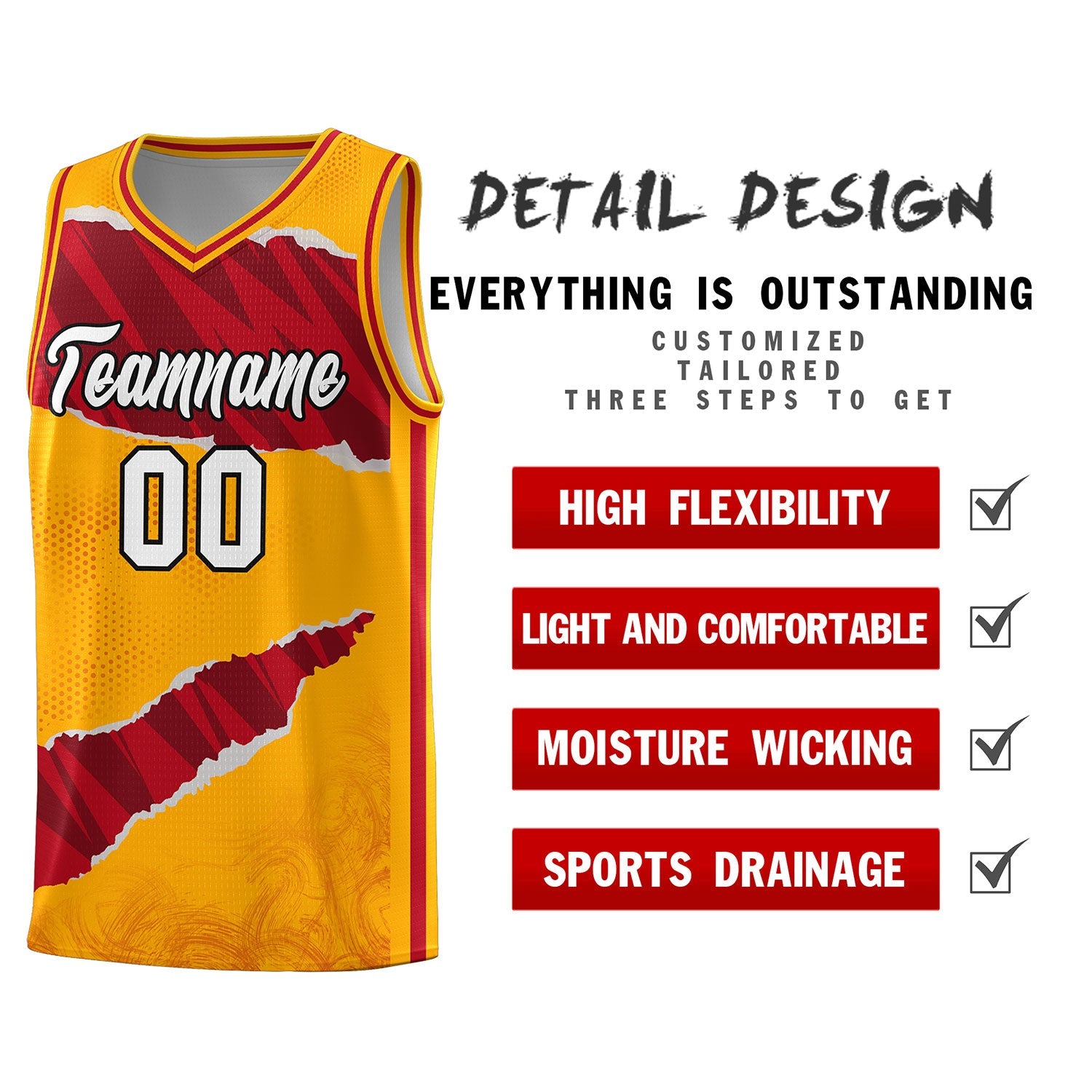 Custom Yellow Red-Black Tear Graffiti Pattern Sports Uniform Basketball Jersey