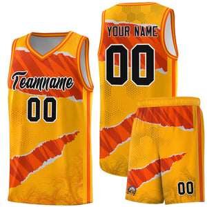 Custom Yellow Orange-Black Tear Graffiti Pattern Sports Uniform Basketball Jersey