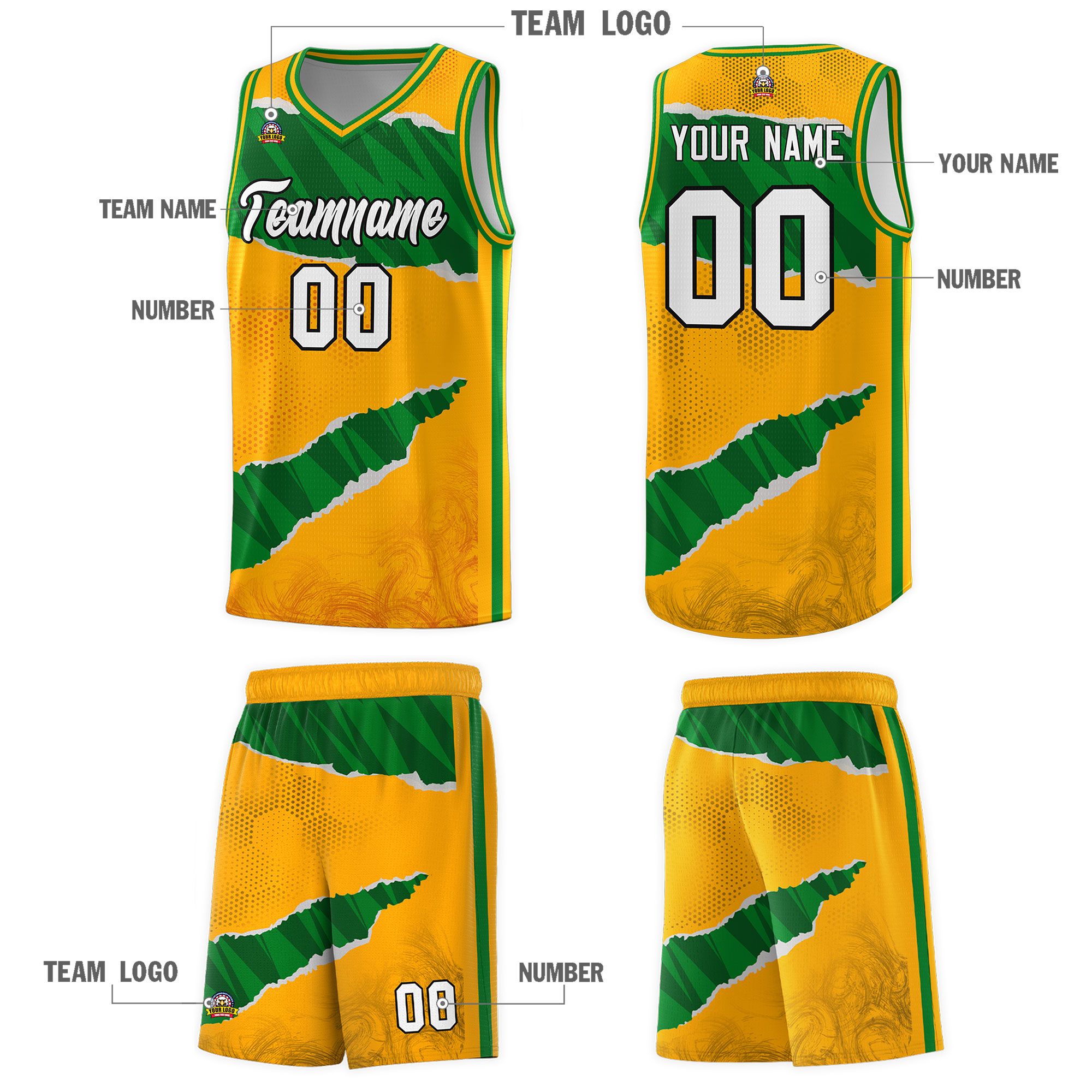 Custom Yellow Kelly Green-Hunter Green Tear Graffiti Pattern Sports Uniform Basketball Jersey