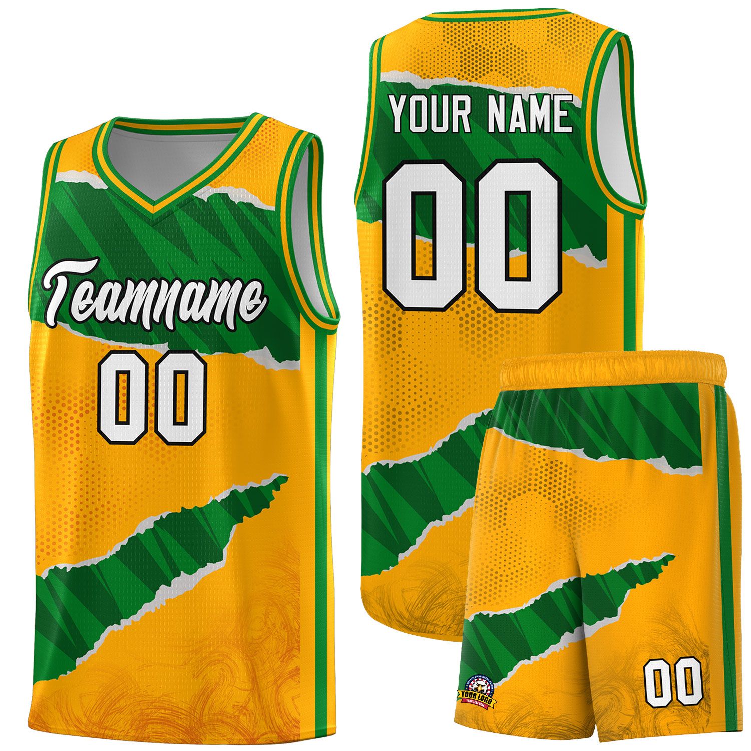 Custom Yellow Kelly Green-Hunter Green Tear Graffiti Pattern Sports Uniform Basketball Jersey