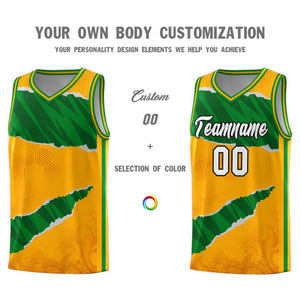 Custom Yellow Kelly Green-Hunter Green Tear Graffiti Pattern Sports Uniform Basketball Jersey