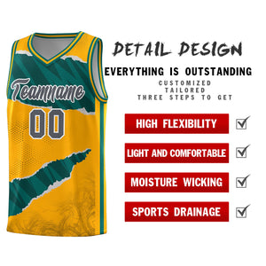 Custom Yellow Aqua-Black Tear Graffiti Pattern Sports Uniform Basketball Jersey