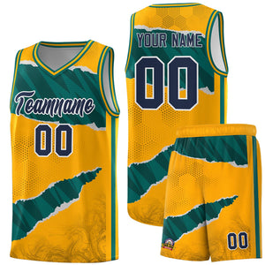 Custom Yellow Aqua-Black Tear Graffiti Pattern Sports Uniform Basketball Jersey