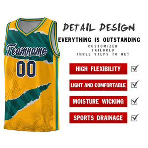 Custom Yellow Aqua-Black Tear Graffiti Pattern Sports Uniform Basketball Jersey