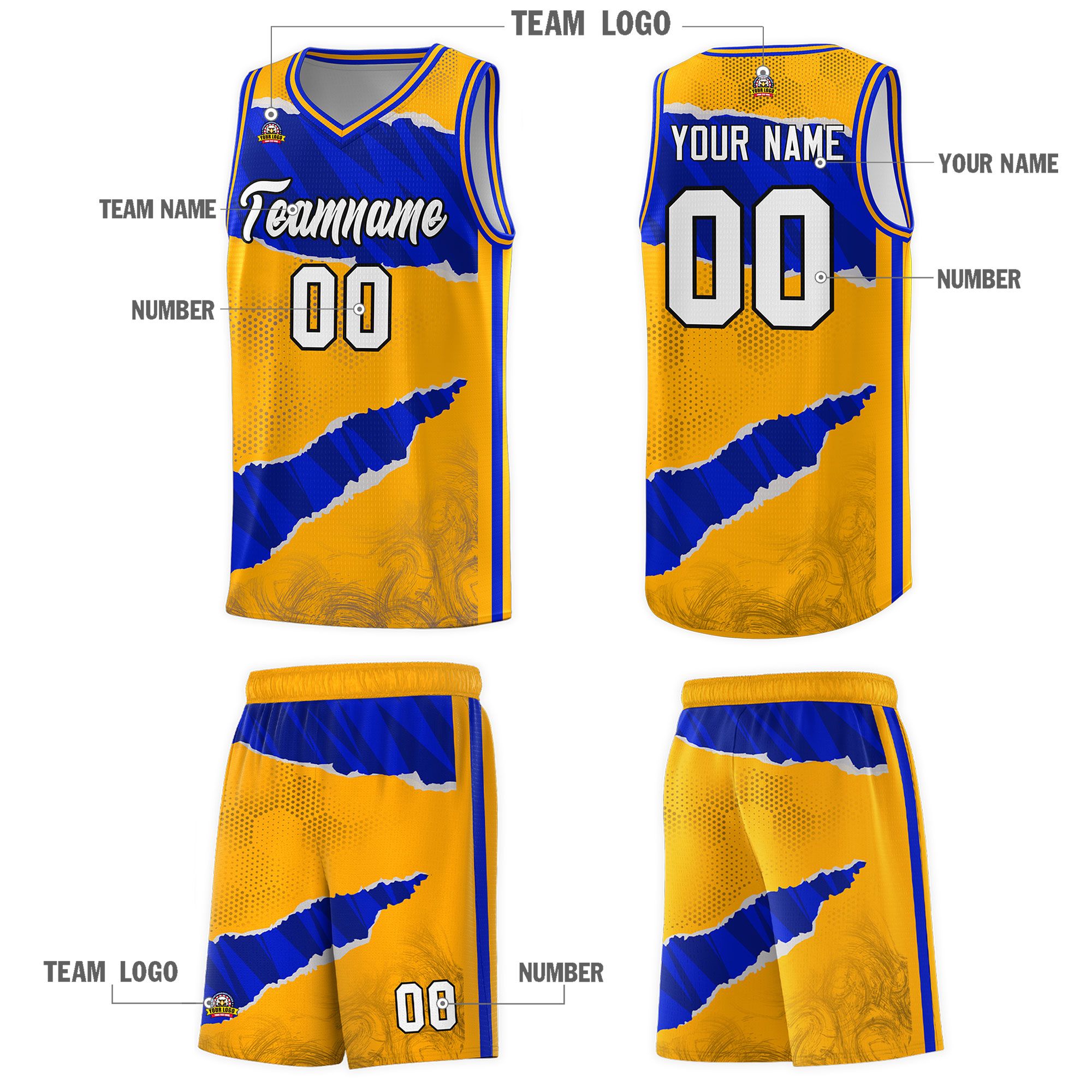 Custom Yellow Royal-Navy Tear Graffiti Pattern Sports Uniform Basketball Jersey