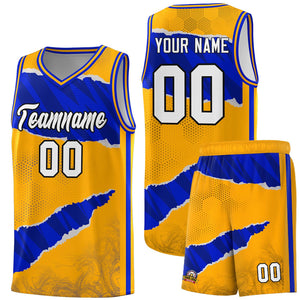 Custom Yellow Royal-Navy Tear Graffiti Pattern Sports Uniform Basketball Jersey