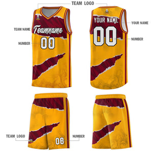 Custom Yellow Crimson-Black Tear Graffiti Pattern Sports Uniform Basketball Jersey