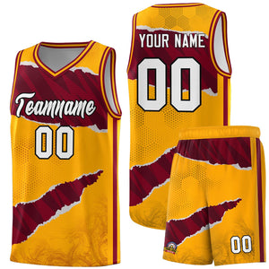 Custom Yellow Crimson-Black Tear Graffiti Pattern Sports Uniform Basketball Jersey