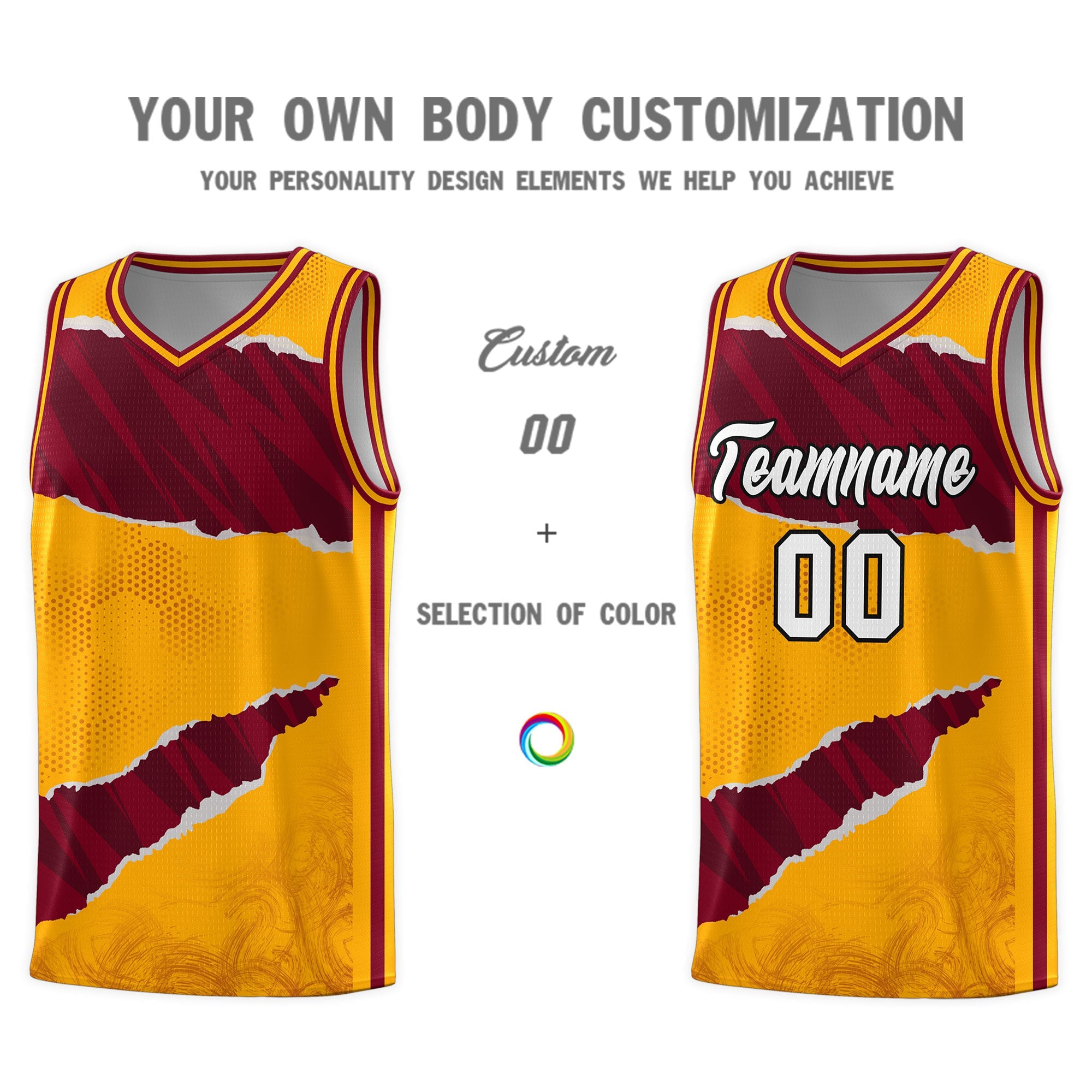 Custom Yellow Crimson-Black Tear Graffiti Pattern Sports Uniform Basketball Jersey