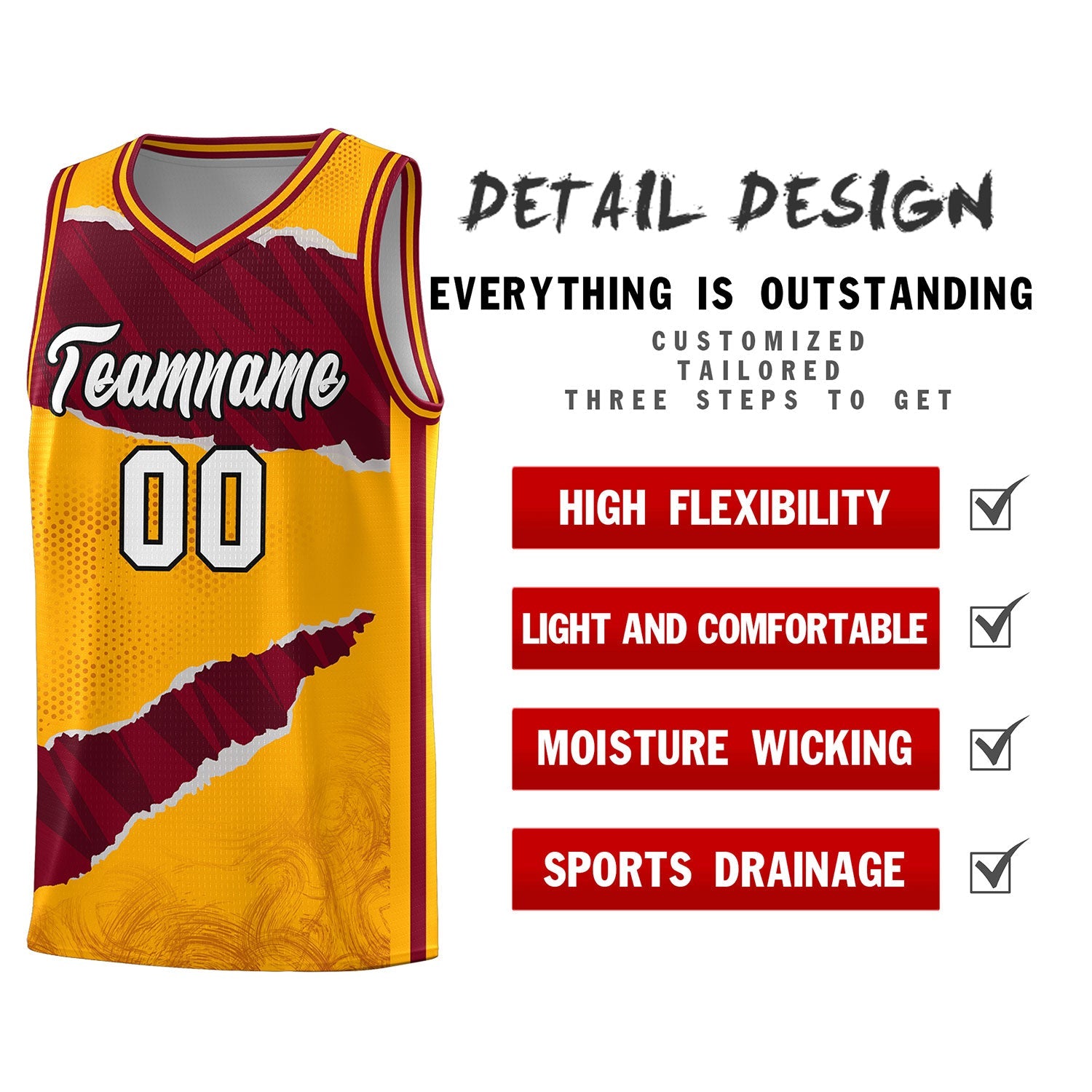 Custom Yellow Crimson-Black Tear Graffiti Pattern Sports Uniform Basketball Jersey