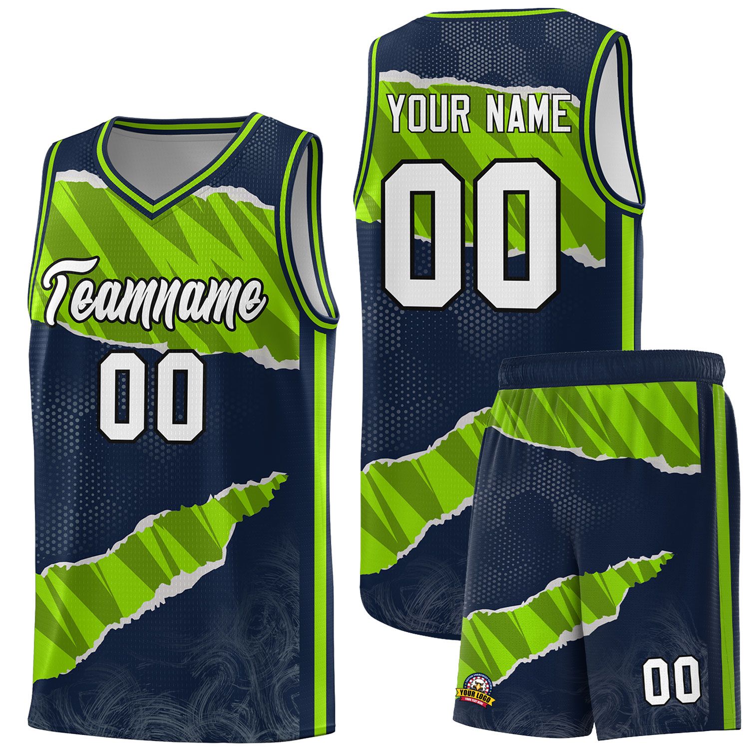 Custom Navy Neon Green-Black Tear Graffiti Pattern Sports Uniform Basketball Jersey