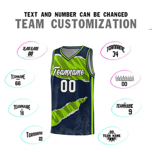 Custom Navy Neon Green-Black Tear Graffiti Pattern Sports Uniform Basketball Jersey