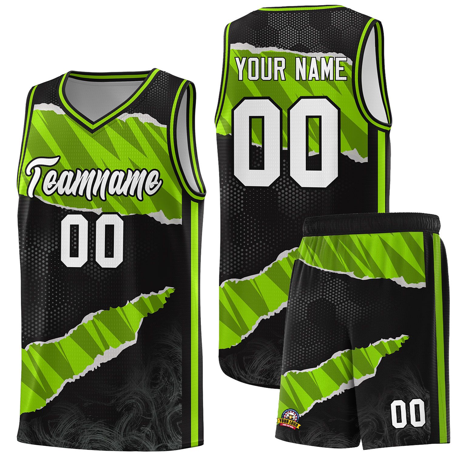 Custom Black Neon Green-Black Tear Graffiti Pattern Sports Uniform Basketball Jersey