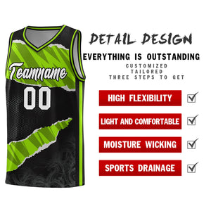 Custom Black Neon Green-Black Tear Graffiti Pattern Sports Uniform Basketball Jersey