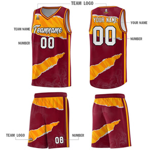 Custom Crimson Yellow-Orange Tear Graffiti Pattern Sports Uniform Basketball Jersey