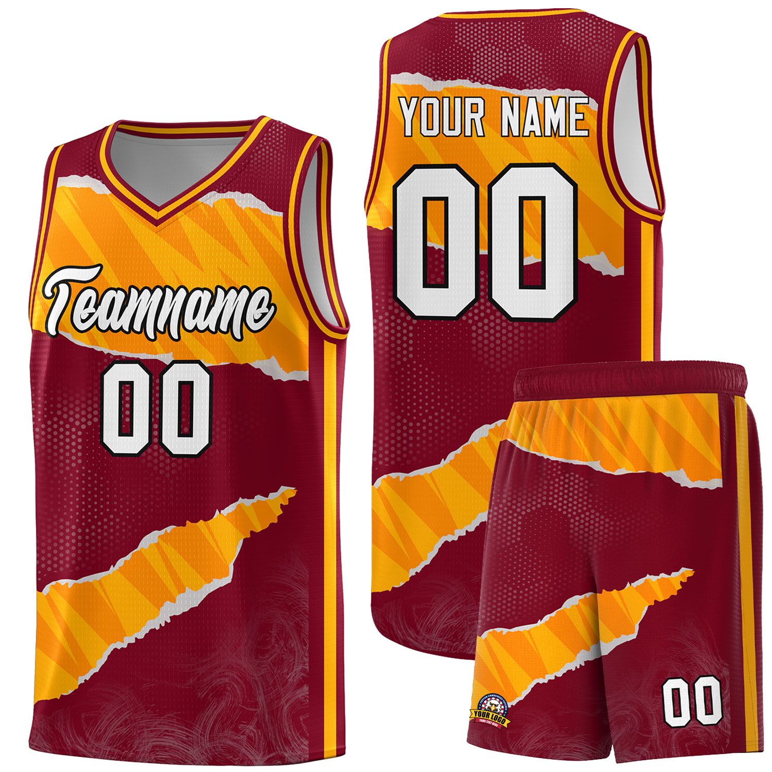 Custom Crimson Yellow-Orange Tear Graffiti Pattern Sports Uniform Basketball Jersey