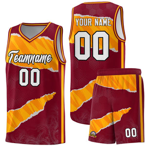 Custom Crimson Yellow-Orange Tear Graffiti Pattern Sports Uniform Basketball Jersey