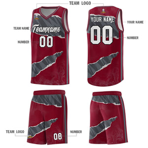 Custom Crimson Gray-Dark Gray Tear Graffiti Pattern Sports Uniform Basketball Jersey